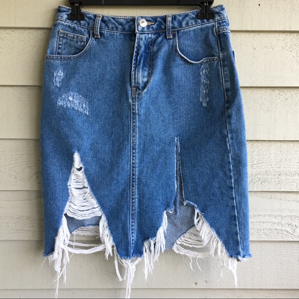 F21 Contemporary Distressed Denim Skirt